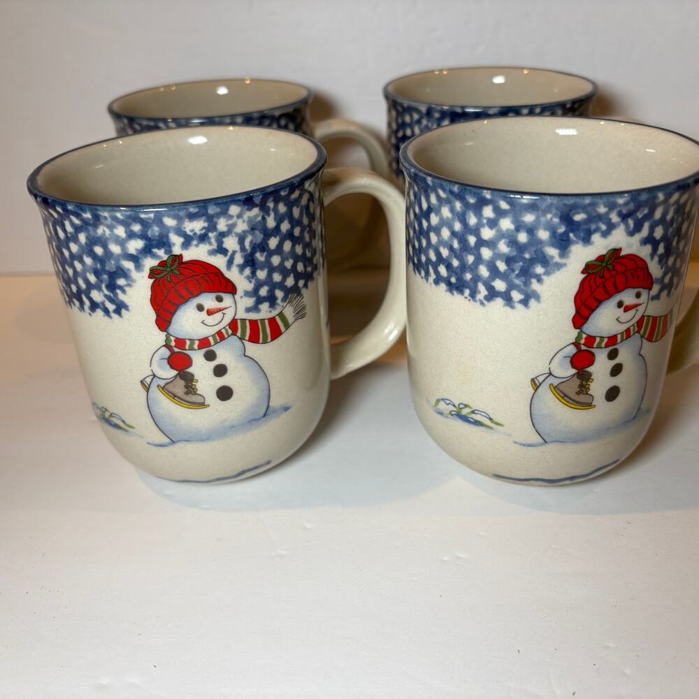 Set 4 Thomson Pottery Snowman Coffee Mugs  Winter Christmas Holiday 10"